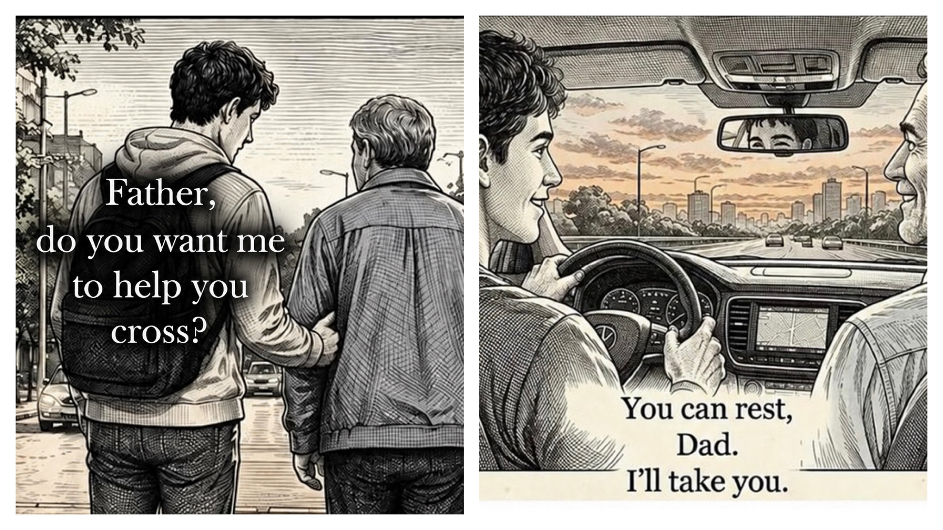A two-panel illustration: a young person helping an older father cross a street, and the same person driving while the older father rests