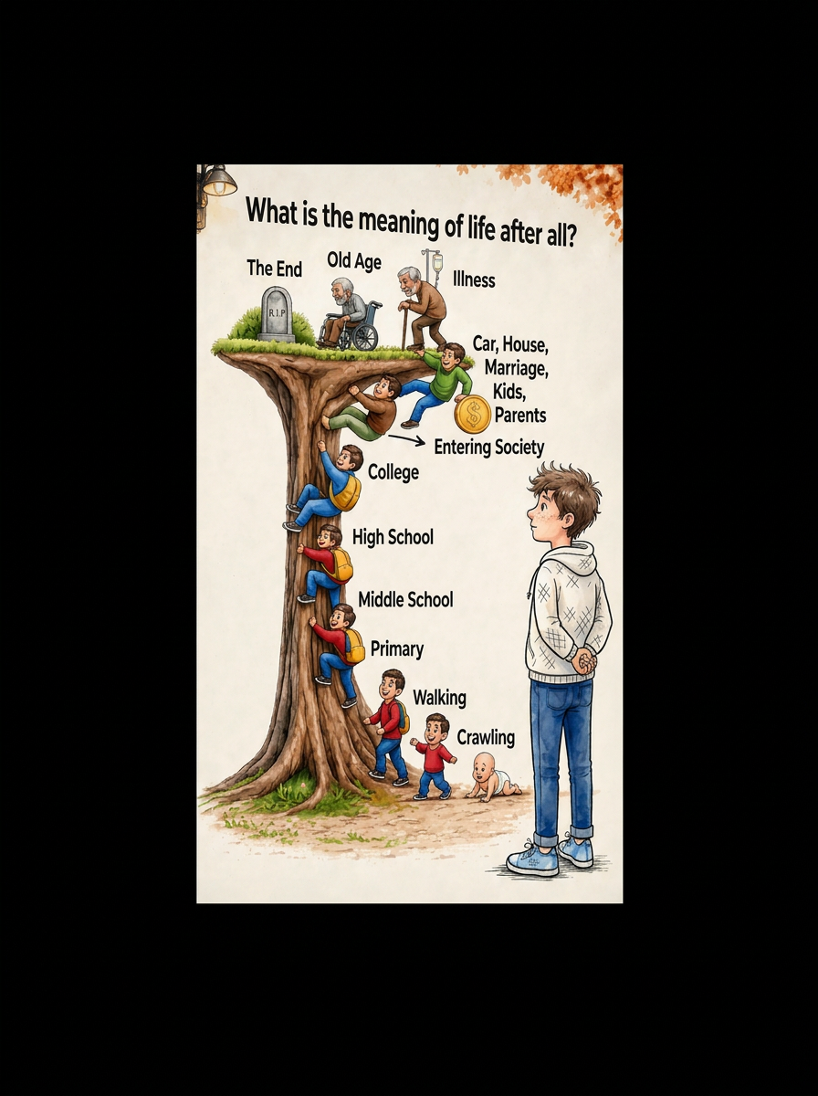 A tree of life illustration showing a person’s journey from crawling to old age, ending at a peaceful hilltop