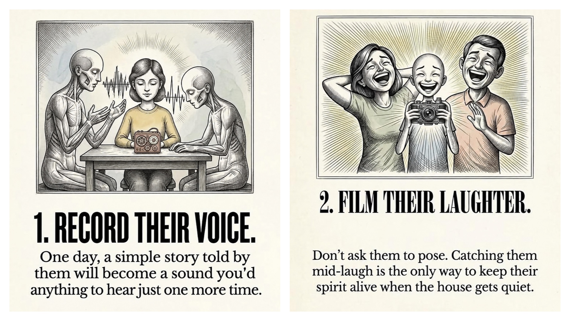 A split illustration showing a voice recorder surrounded by sound waves and a family laughing together while holding a camera