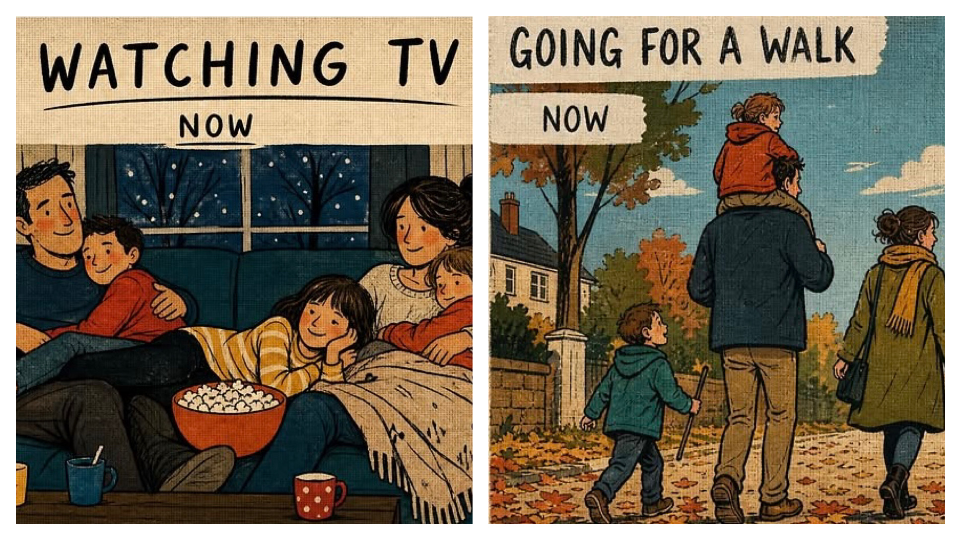 A split illustration showing a family watching TV together and a family going for an autumn walk