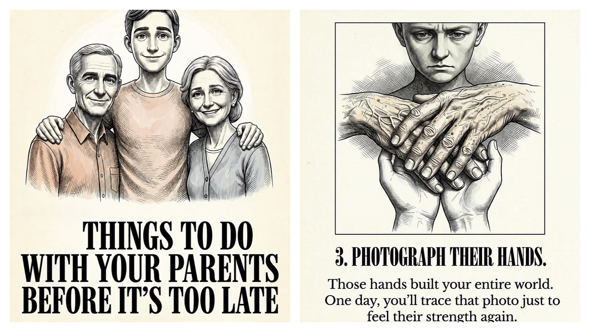 An illustration of hands clasped together with family photos in the background, representing wisdom passed down through generations