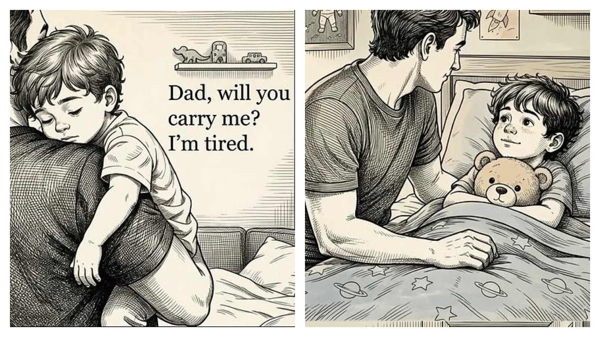 A father carrying his sleepy child and sitting beside his bed